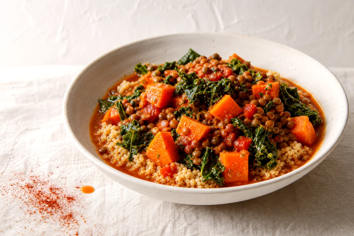 Lentil, sweet potato, and kale stew served over whole grain couscous in a white ceramic bowl