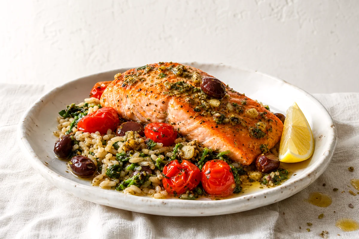 Flaky salmon over spinach brown rice with roasted tomatoes, olives, and lemon