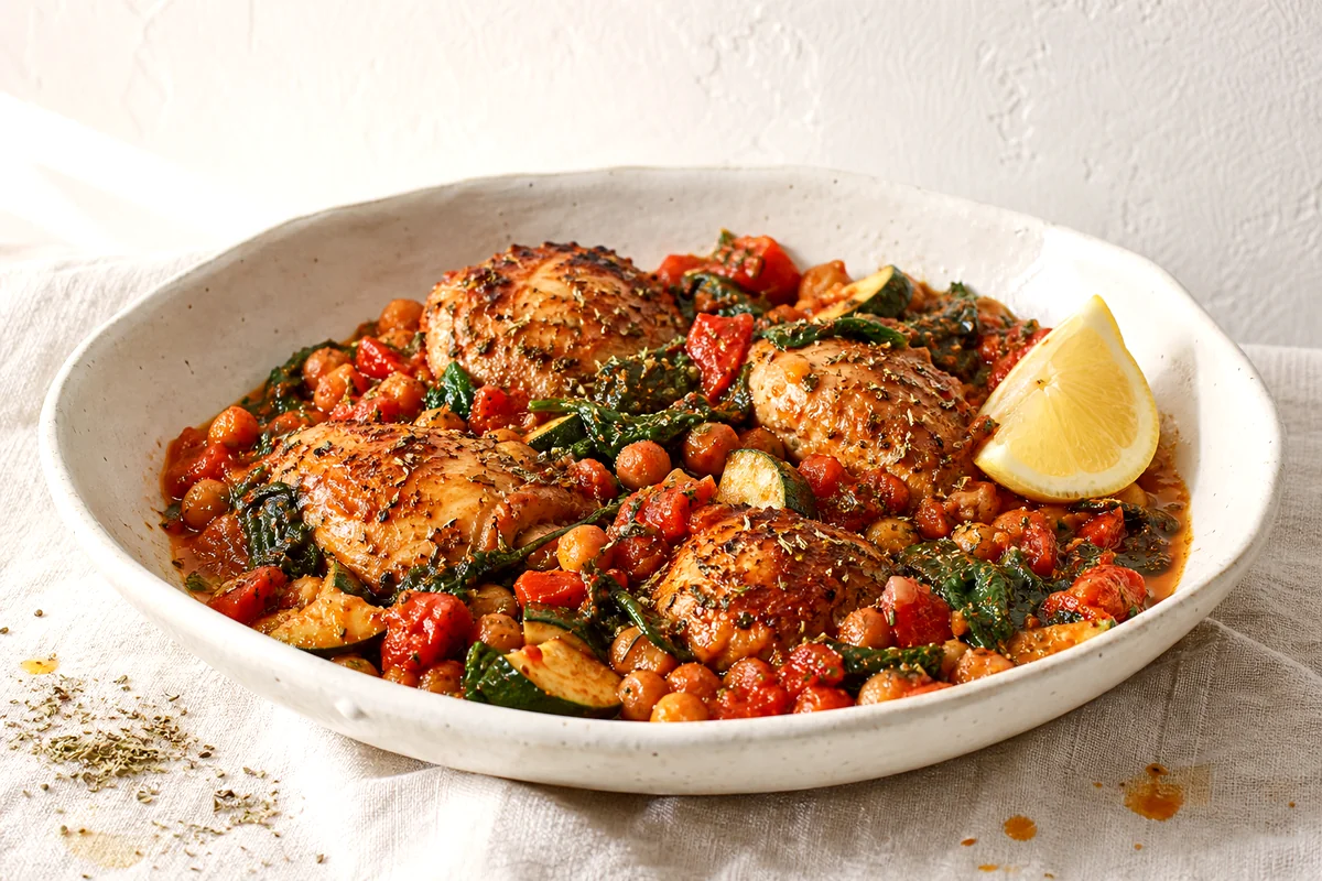 Golden chicken with chickpeas, tomatoes, spinach, zucchini, and lemon in a white ceramic bowl