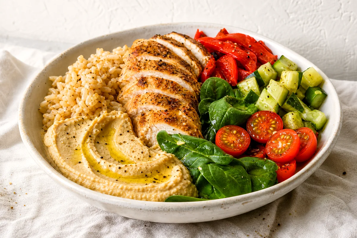 Brown rice bowl with sliced chicken, hummus, roasted peppers, cucumber, tomatoes, and spinach