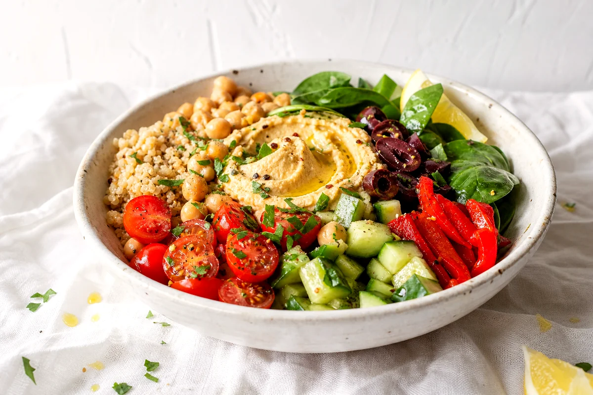 Quinoa bowl with chickpeas, hummus, cucumber, tomatoes, spinach, roasted peppers, olives, and herbs