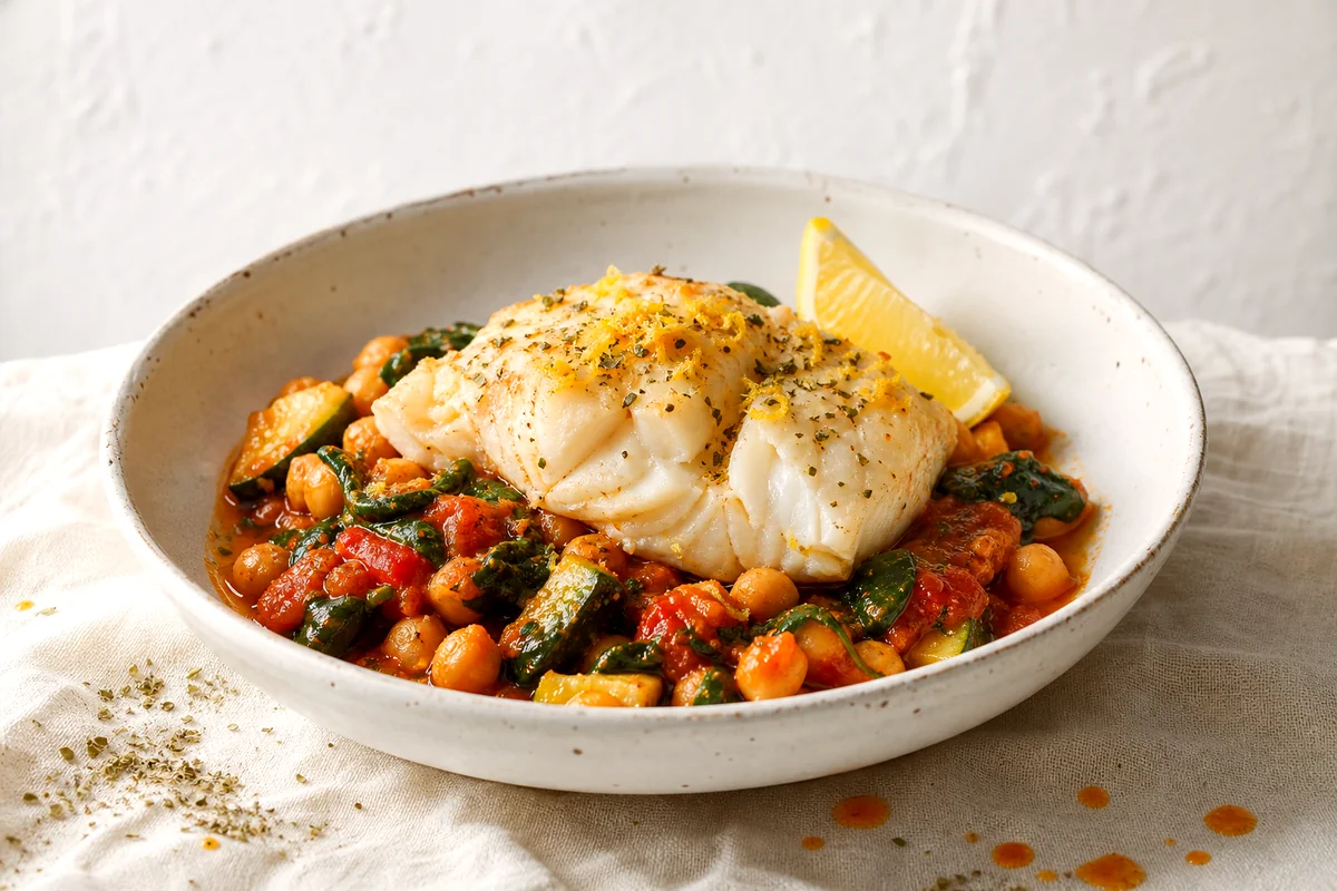 Flaky cod served over chickpeas, tomatoes, zucchini, spinach, and lemon in a white ceramic bowl