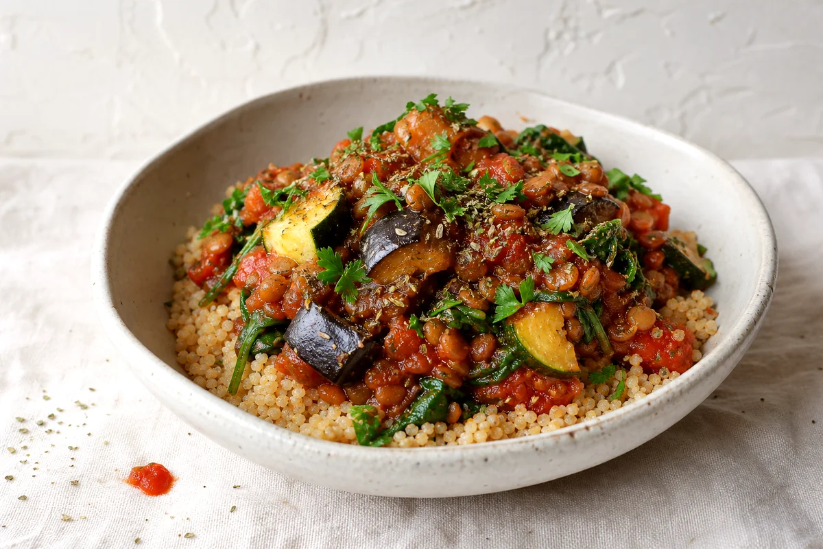 Roasted eggplant lentil bake served over whole grain couscous in a white ceramic bowl