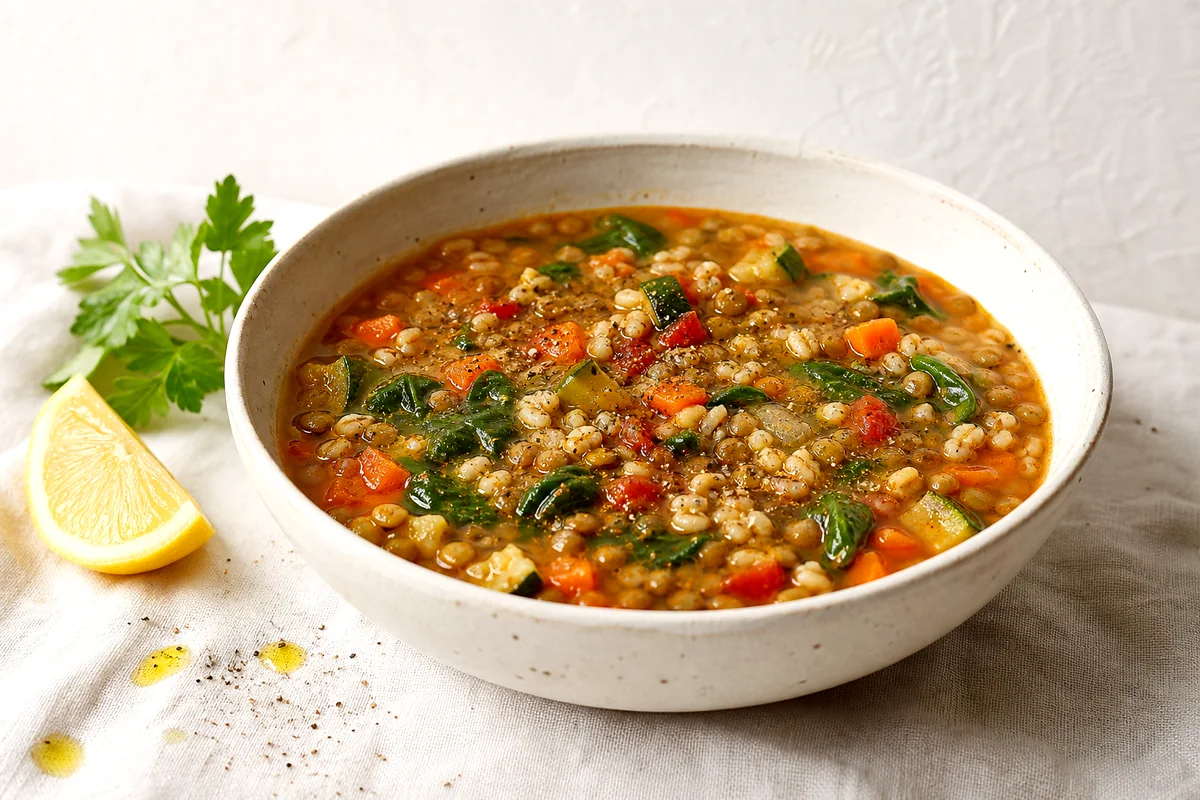 Hearty lentil soup with barley, spinach, carrots, and tomato in a white ceramic bowl