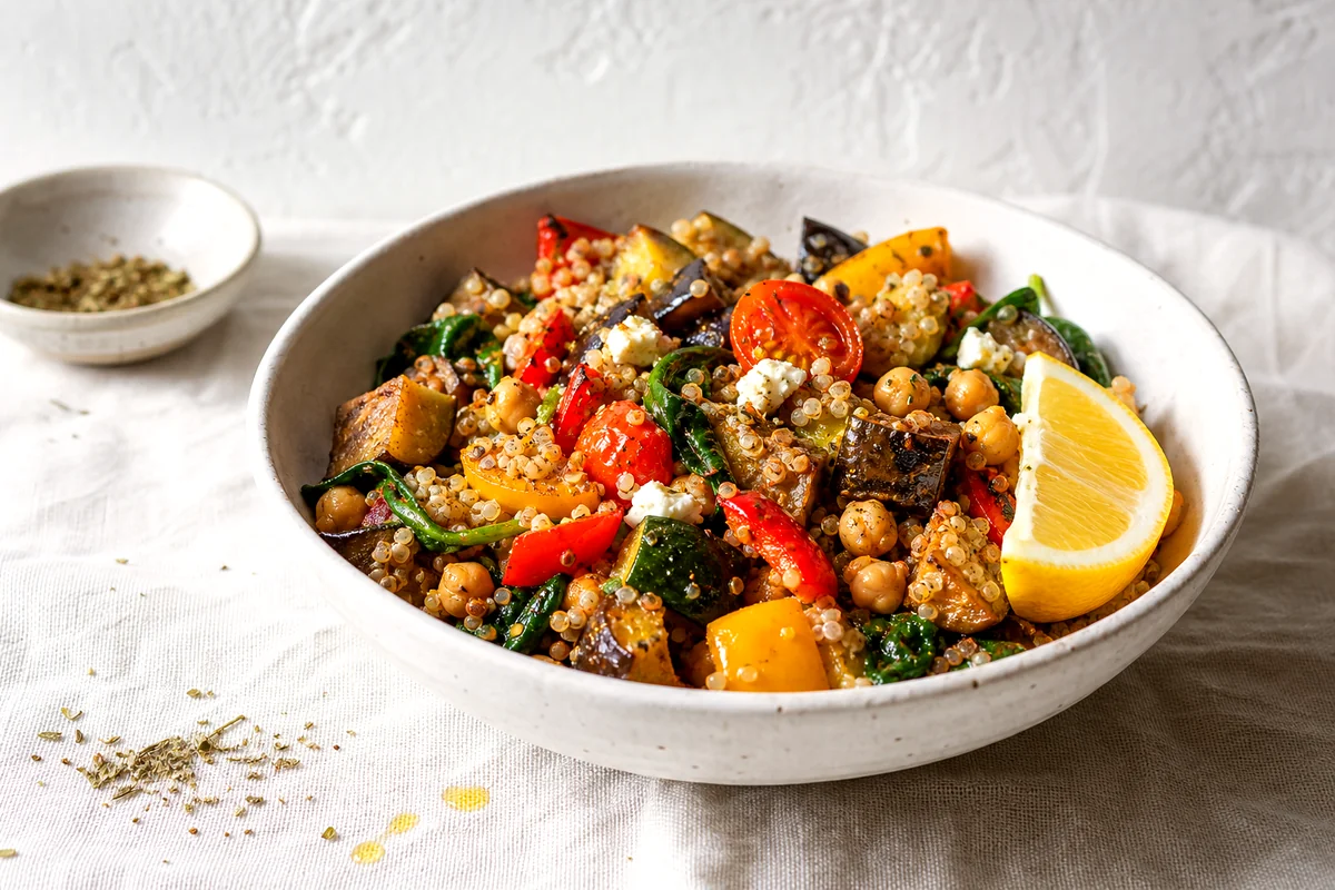 White ceramic bowl filled with quinoa, chickpeas, roasted vegetables, spinach, and lemon