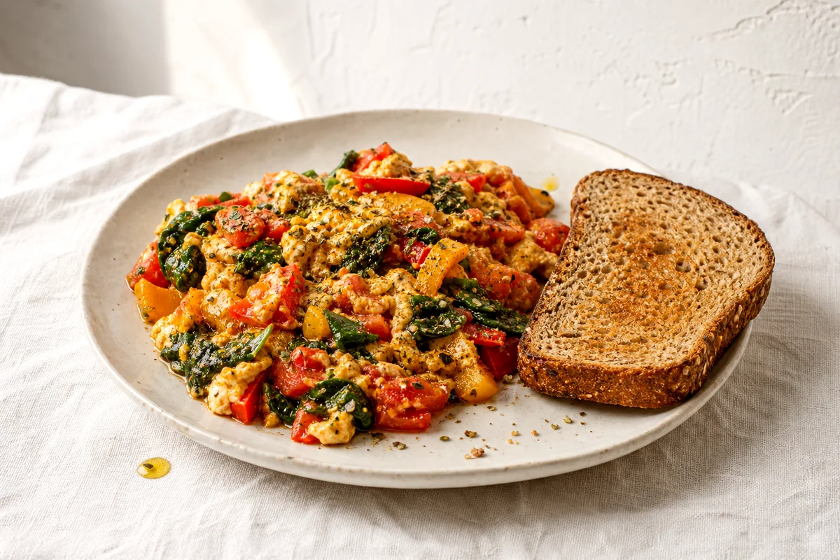 Soft egg scramble with peppers, spinach, tomatoes, oregano, and whole grain toast on a white ceramic plate