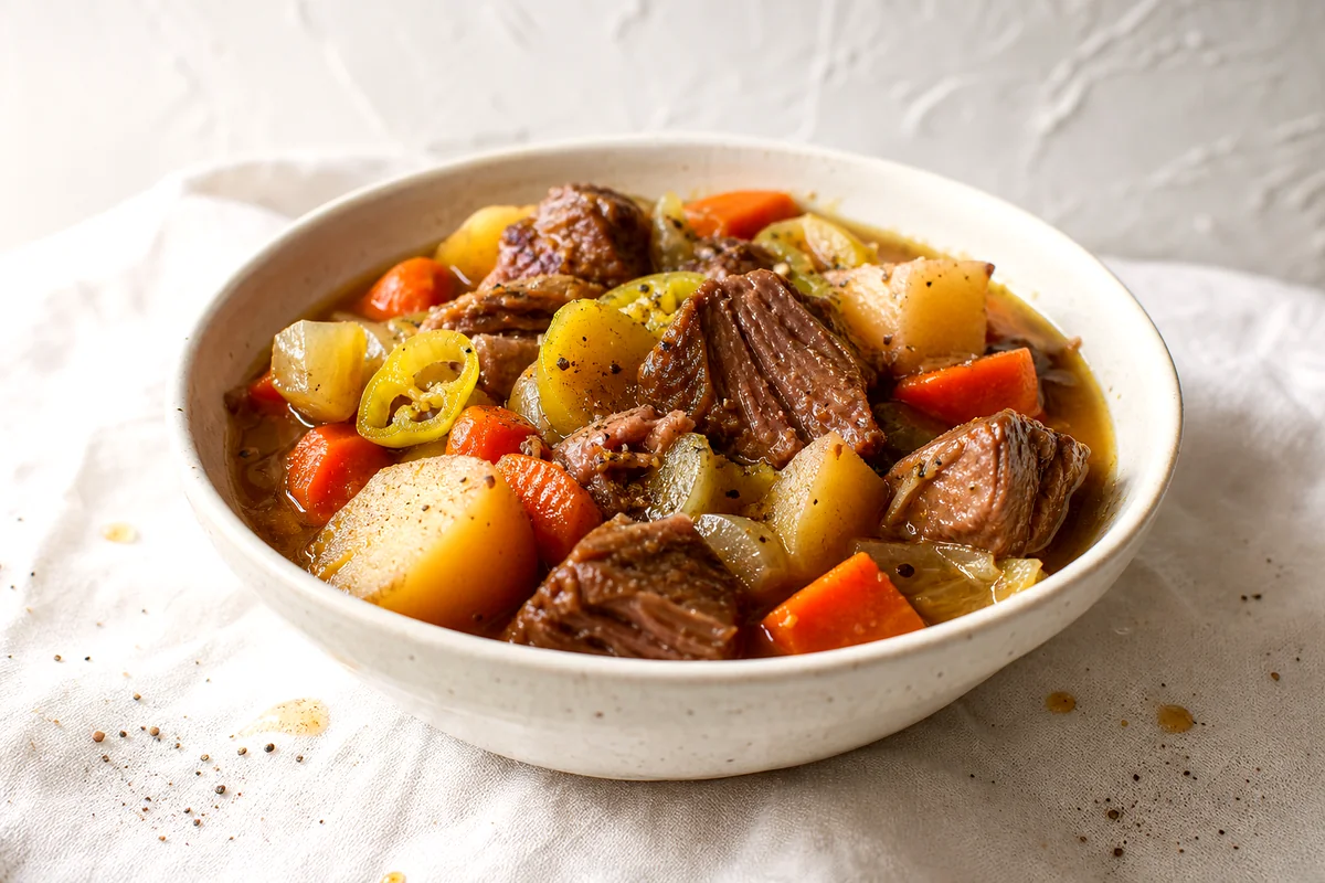 Tender beef stew with potatoes, carrots, and pepperoncini in a white ceramic bowl