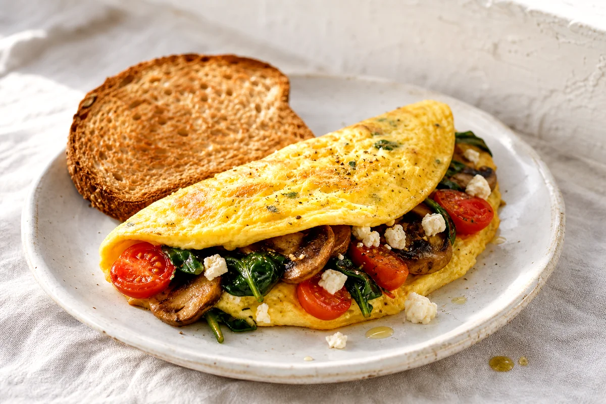 Folded mushroom spinach omelet with tomatoes, feta, and whole grain toast on a white ceramic plate