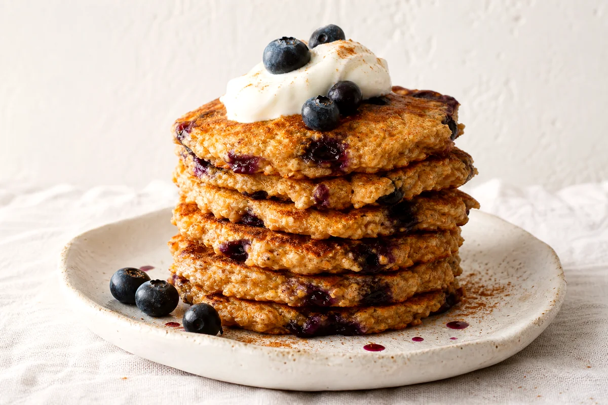 Stack of oatmeal blueberry pancakes with Greek yogurt and fresh blueberries on a white ceramic plate
