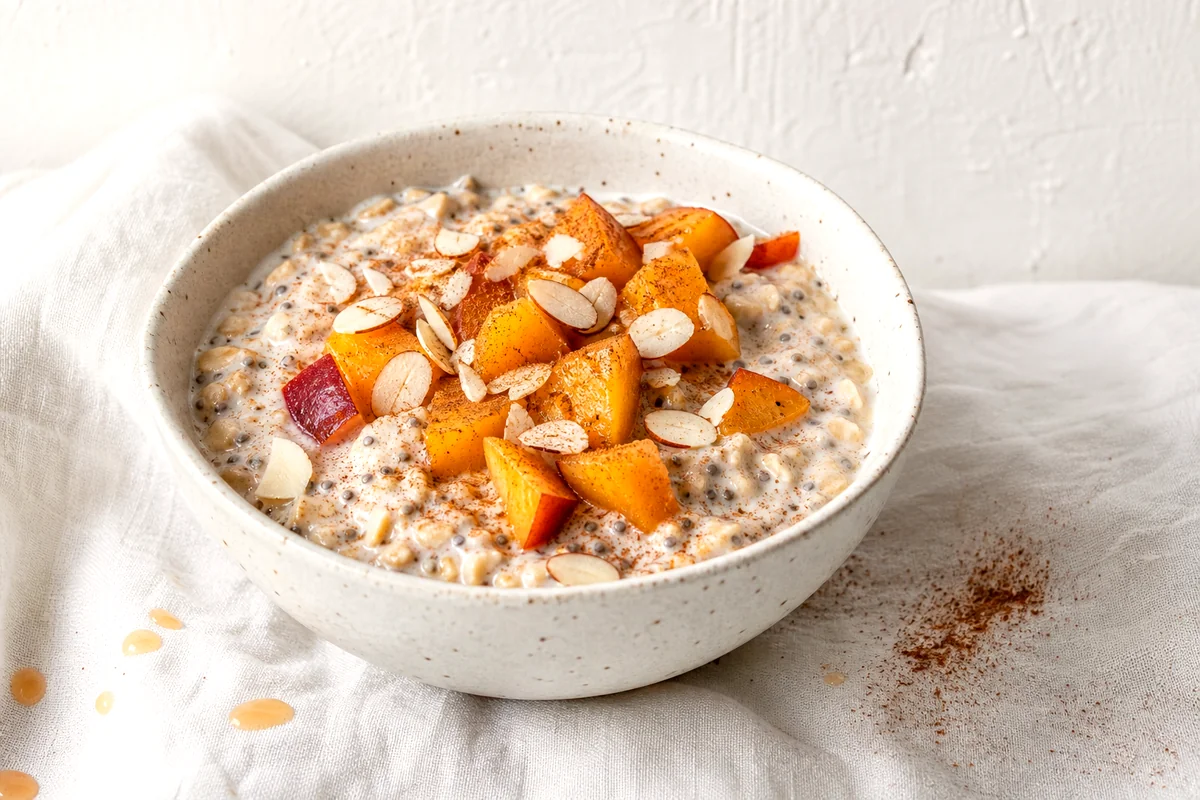 Creamy overnight oats topped with chopped peaches, sliced almonds, chia seeds, and cinnamon in a white ceramic bowl