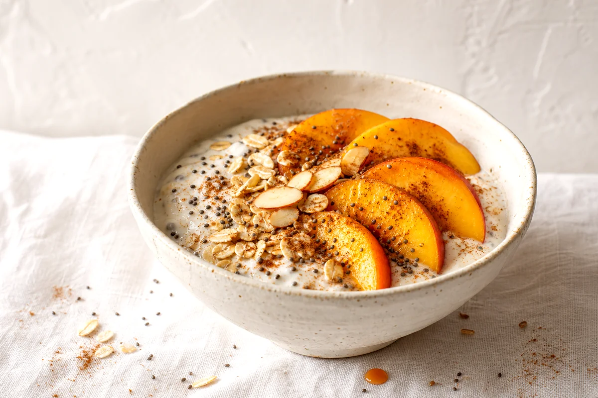 Creamy yogurt bowl topped with peach slices, chia seeds, oats, almonds, and cinnamon