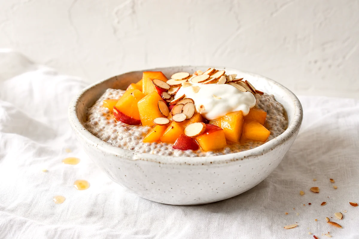 Creamy chia pudding topped with peaches, Greek yogurt, and sliced almonds in a white ceramic bowl
