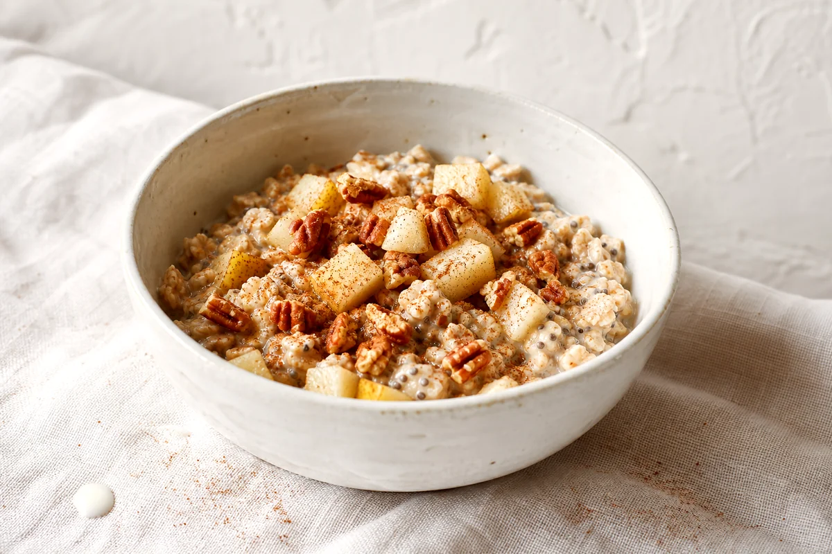 Creamy pear pecan overnight oats topped with diced pear, chopped pecans, chia seeds, and cinnamon