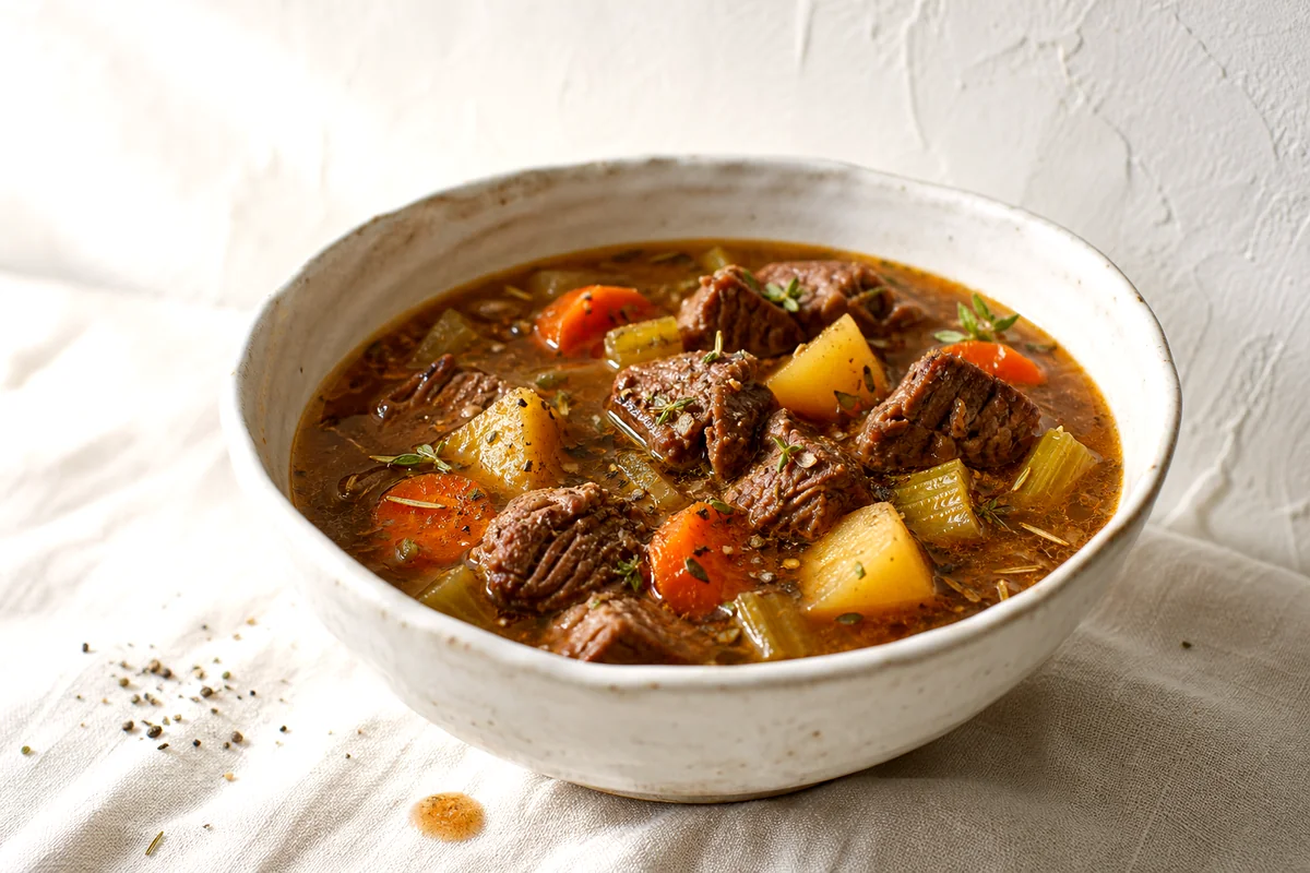 White ceramic bowl filled with pot roast soup, tender beef, potatoes, carrots, and rich broth