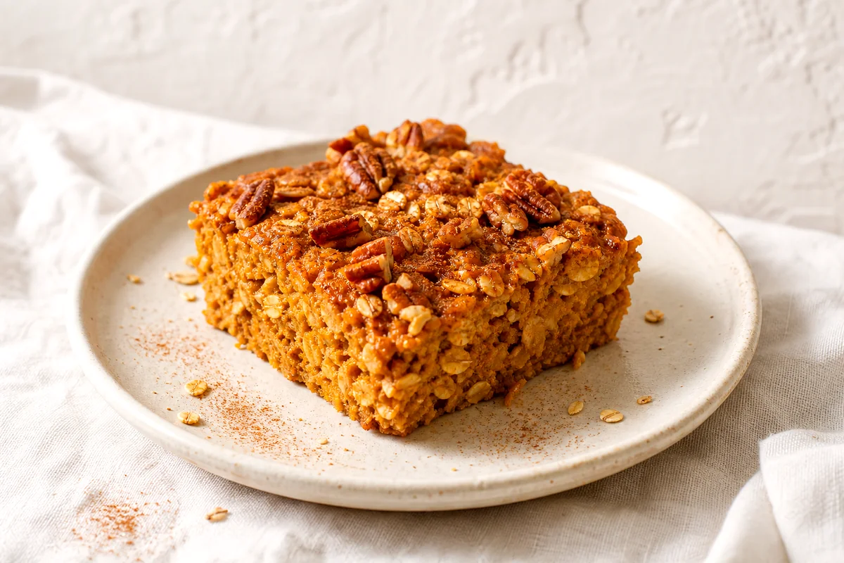 Warm square of pumpkin spice baked oatmeal with toasted pecans on a white ceramic plate
