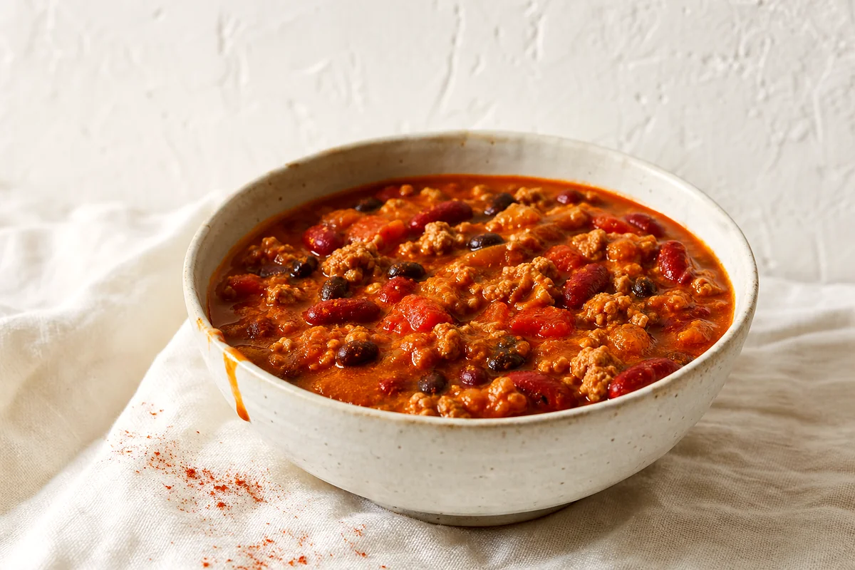 Thick pumpkin turkey chili with beans and tomatoes in a white ceramic bowl