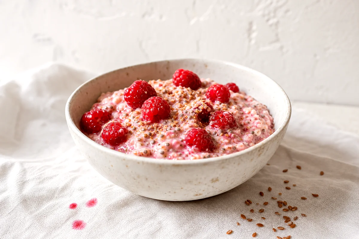 Creamy raspberry overnight oats in a white ceramic bowl with berries and seed specks