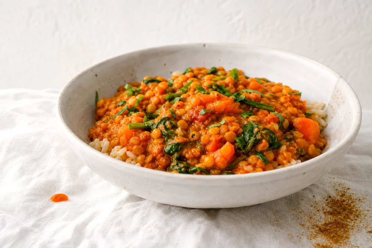 Creamy red lentil tomato curry with spinach served over brown rice in a white ceramic bowl