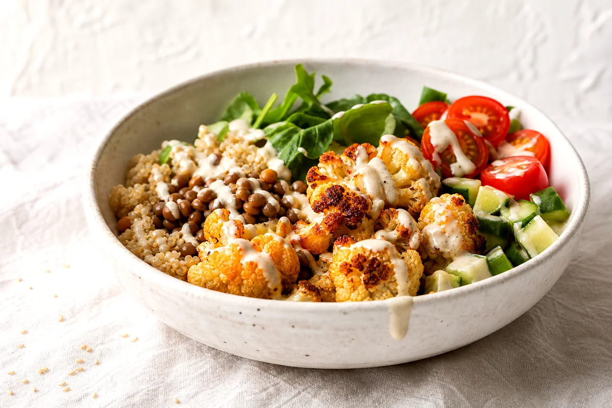 White bowl filled with quinoa, lentils, roasted cauliflower, greens, tomatoes, cucumber, and tahini dressing
