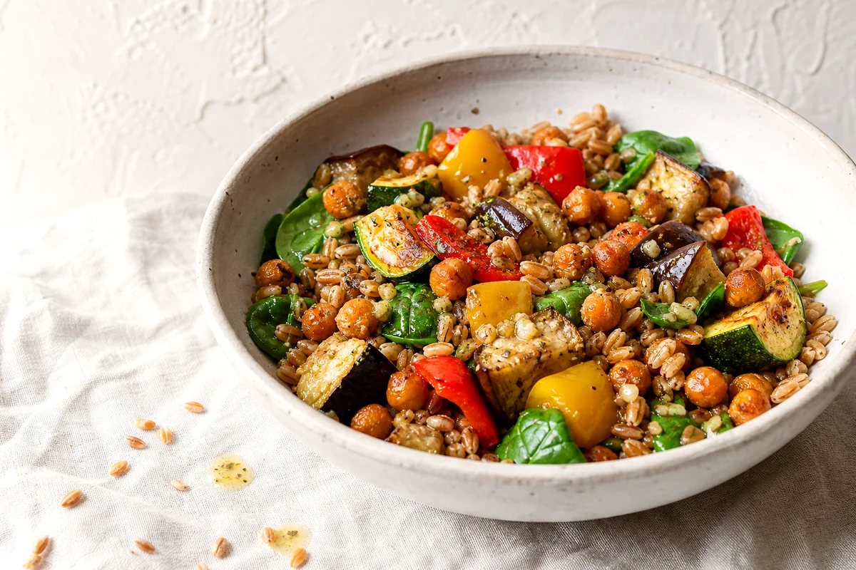 White ceramic bowl filled with farro, roasted chickpeas, zucchini, eggplant, peppers, spinach, and lemon dressing