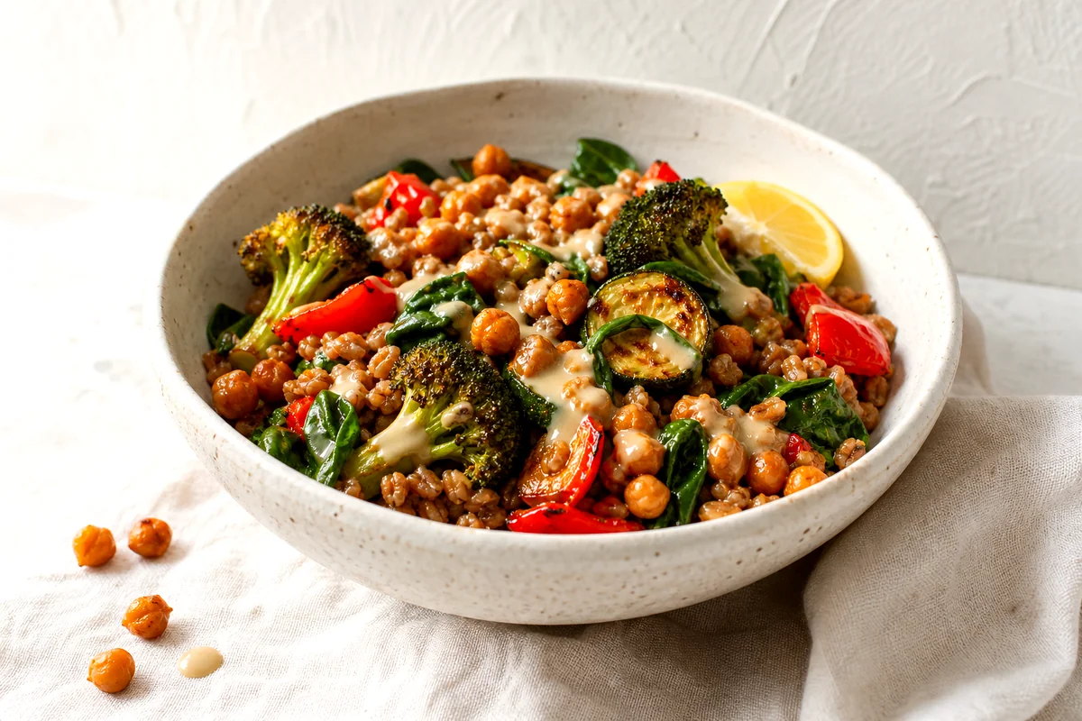 Roasted vegetable farro bowl with chickpeas, spinach, and lemon tahini dressing