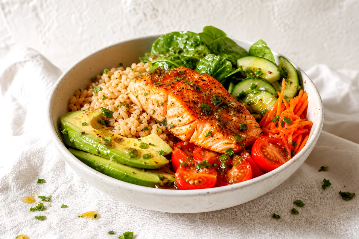 Flaky salmon over brown rice with avocado, cucumber, carrots, spinach, tomatoes, and lemon herb dressing
