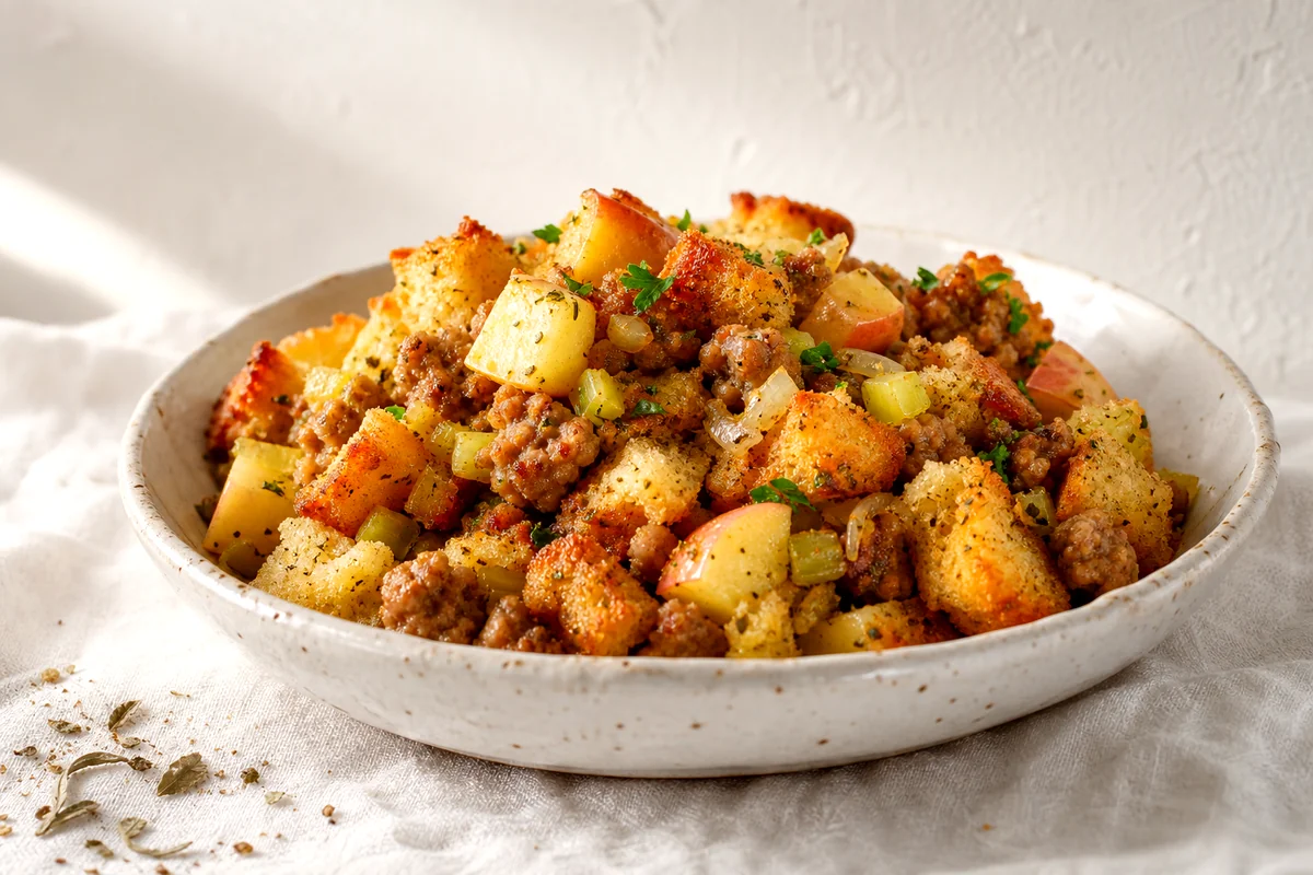 Golden stuffing casserole with sausage, apples, herbs, and crisp bread cubes in a white ceramic bowl