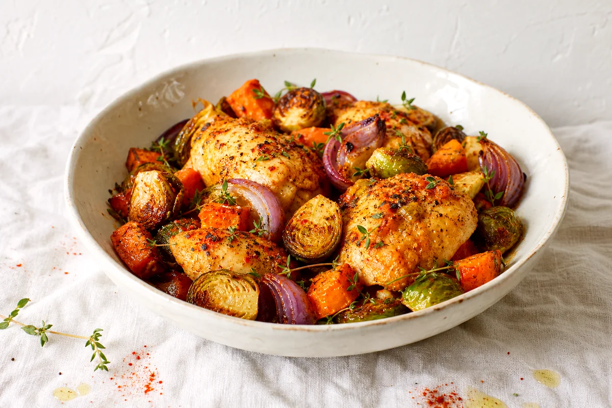 Golden chicken pieces with roasted Brussels sprouts, sweet potatoes, and red onion in a white ceramic bowl
