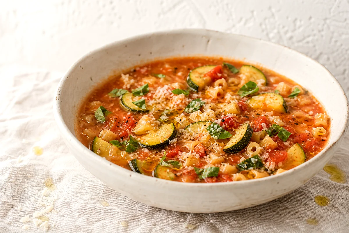 Bowl of zucchini pasta soup with tomatoes, basil, Parmesan, and olive oil