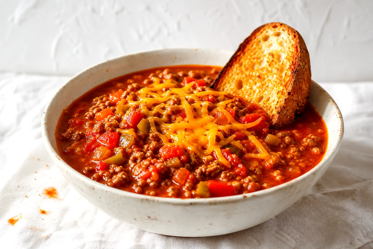 Bowl of thick Sloppy Joe Soup topped with melted cheddar and served with toasted bread