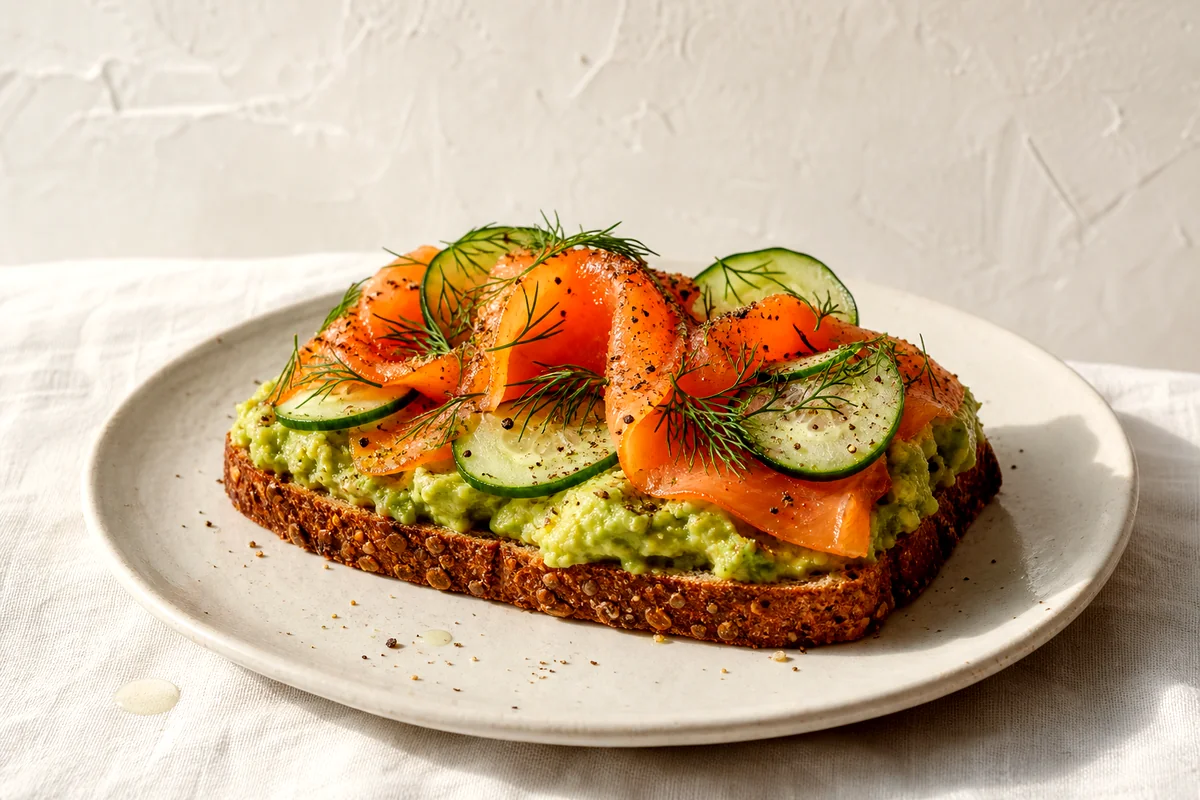 Whole grain avocado toast topped with smoked salmon, cucumber slices, fresh dill, lemon, and black pepper