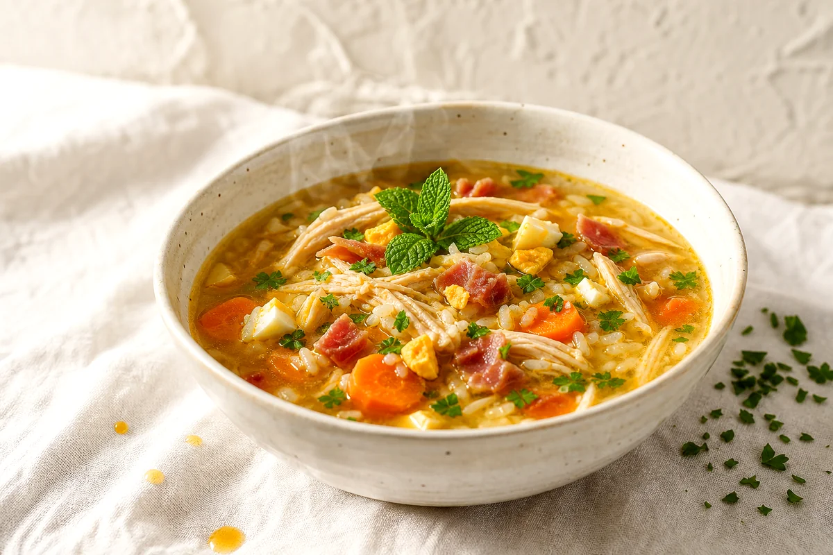 Steaming Spanish chicken rice soup with Serrano ham, egg, mint, and parsley in a white ceramic bowl