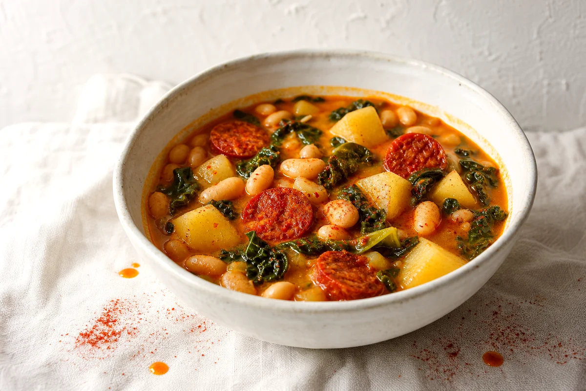 Hearty white bean and potato soup with kale and chorizo in a white ceramic bowl