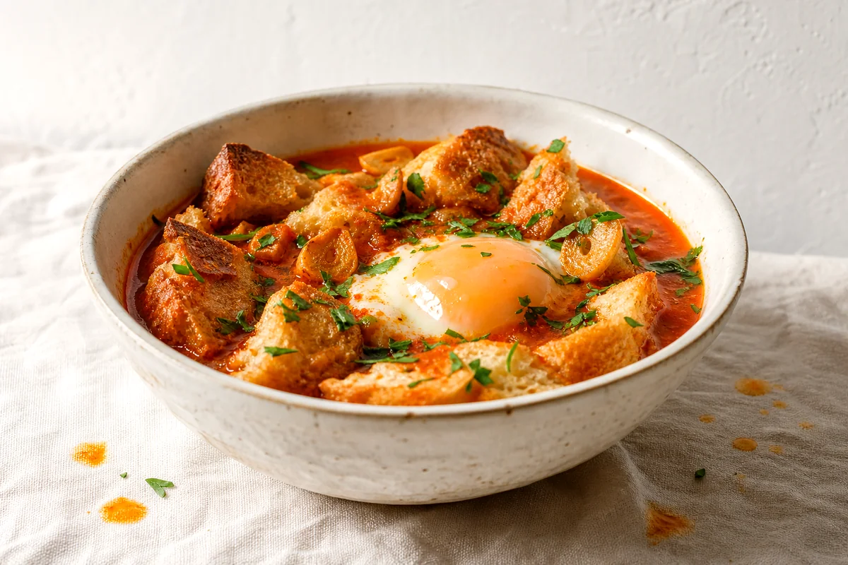 Smoky garlic bread soup with a poached egg, parsley, and golden garlic in a white ceramic bowl