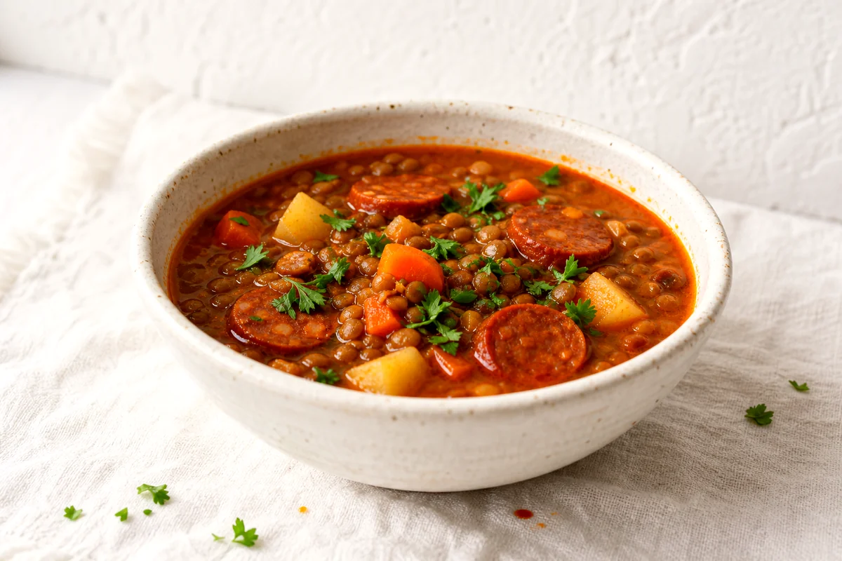 Hearty lentil soup with chorizo, potatoes, carrots, and parsley in a white ceramic bowl