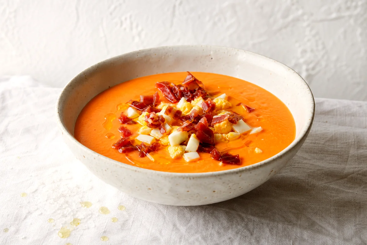 Creamy chilled tomato soup topped with chopped egg and Serrano ham in a white ceramic bowl
