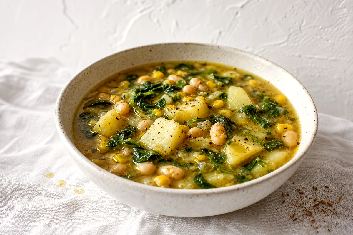 White ceramic bowl of watercress and potato soup with beans, corn, and olive oil
