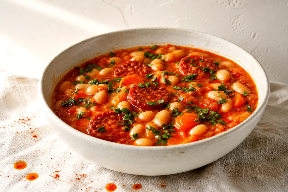 White bean and chorizo soup in a white ceramic bowl with parsley on top
