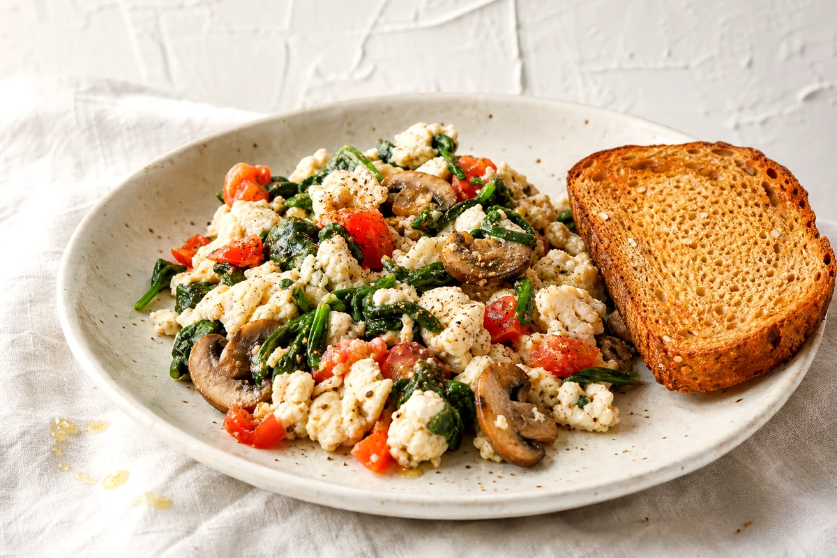 Soft egg white scramble with spinach, tomatoes, mushrooms, and whole grain toast on a white ceramic plate