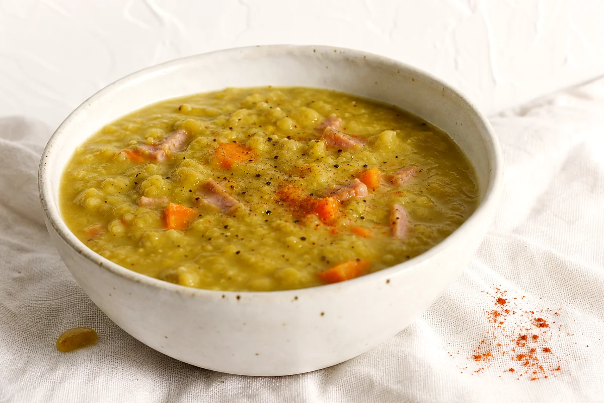 Thick split pea and ham soup with carrots and black pepper in a white ceramic bowl