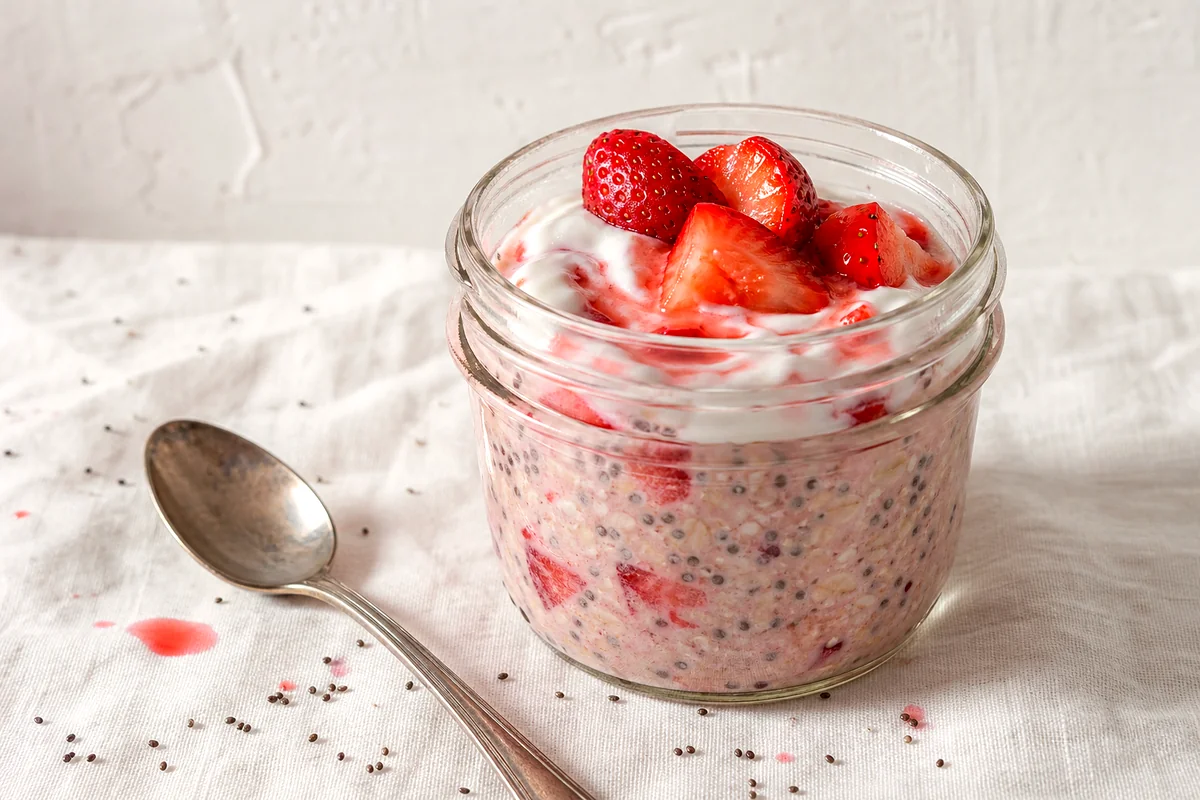 Creamy strawberry chia overnight oats in a glass jar with fresh strawberries on white linen