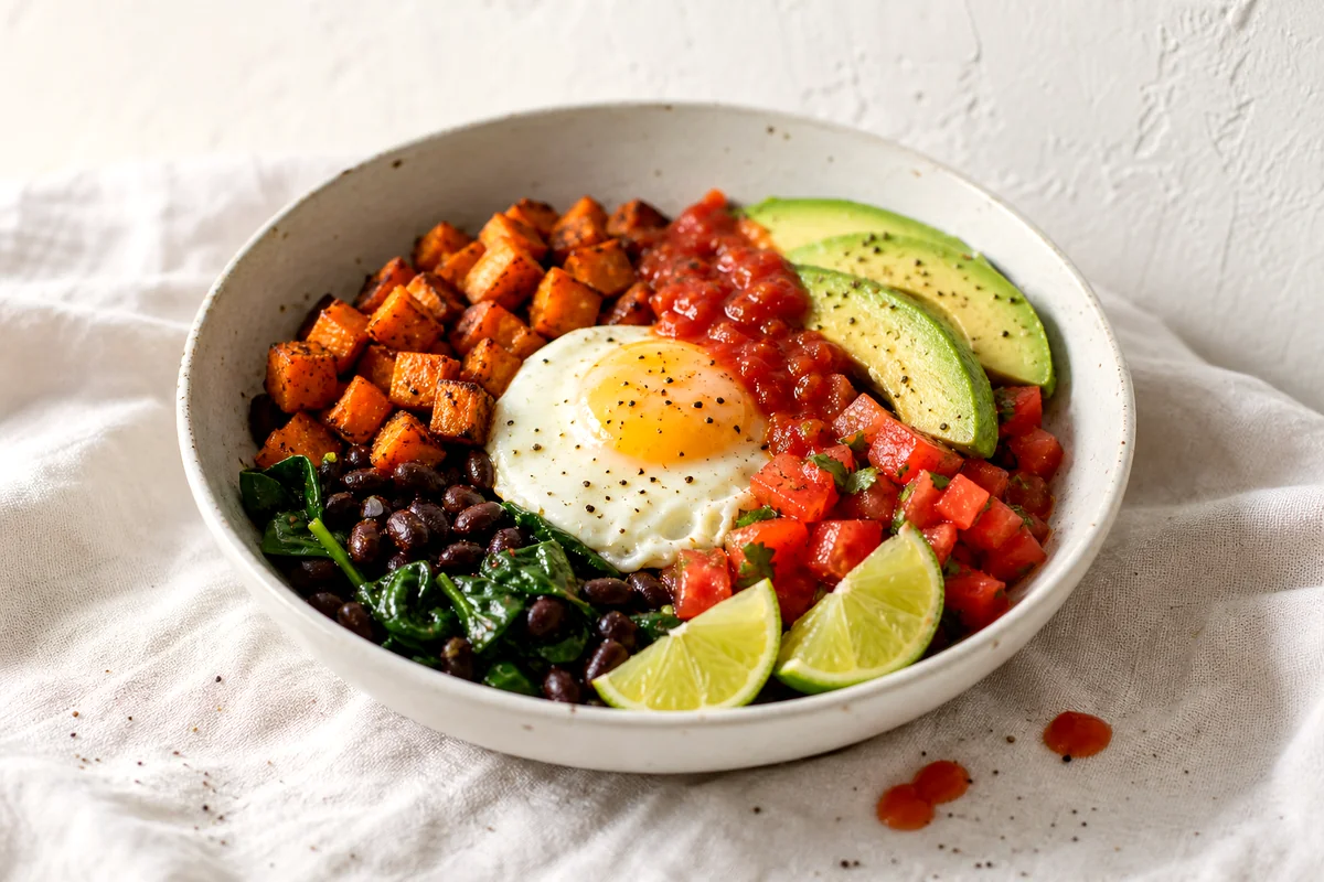 Sweet potato black bean breakfast bowl with avocado, salsa, lime, and a fried egg in a white ceramic bowl