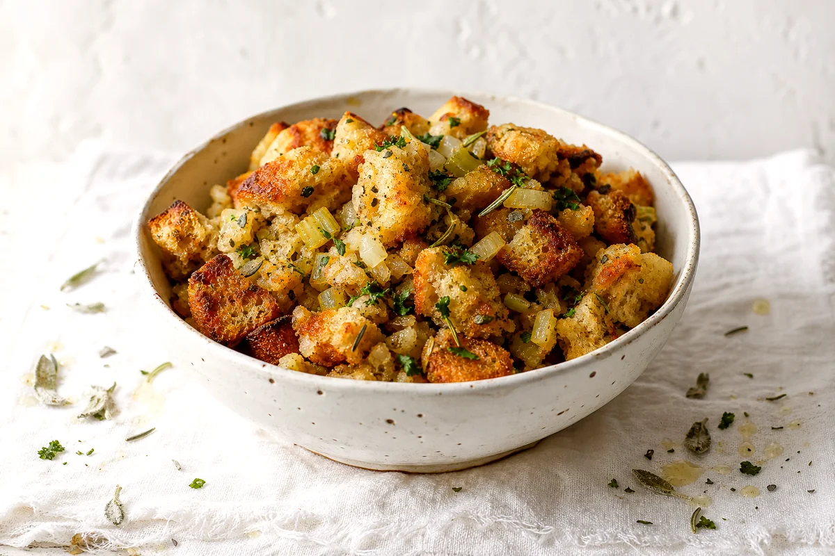 Golden Thanksgiving stuffing casserole with crisp bread cubes and herbs in a white ceramic bowl