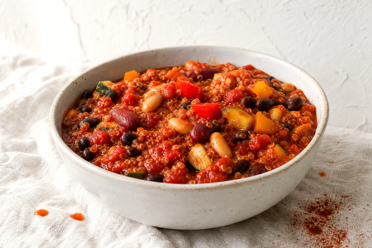 Thick three bean chili with quinoa, tomatoes, peppers, and zucchini in a white ceramic bowl