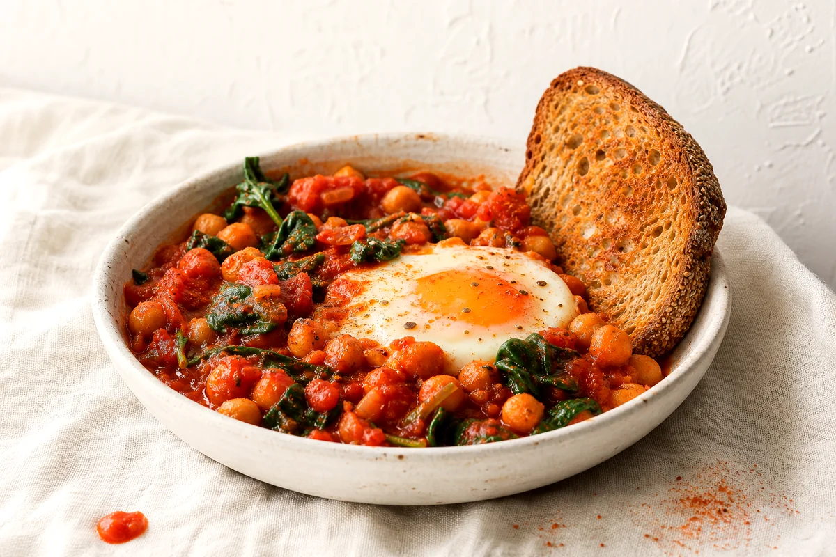 Saucy chickpeas, tomatoes, spinach, and a soft egg served with whole grain toast