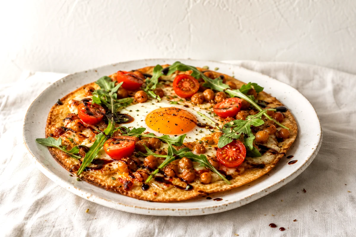Crisp tortilla pizza topped with egg, chickpeas, arugula, cherry tomatoes, and balsamic glaze