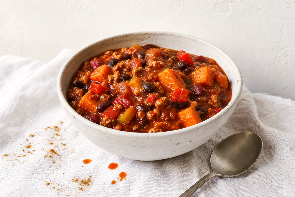 Thick turkey black bean chili with sweet potatoes served in a white ceramic bowl