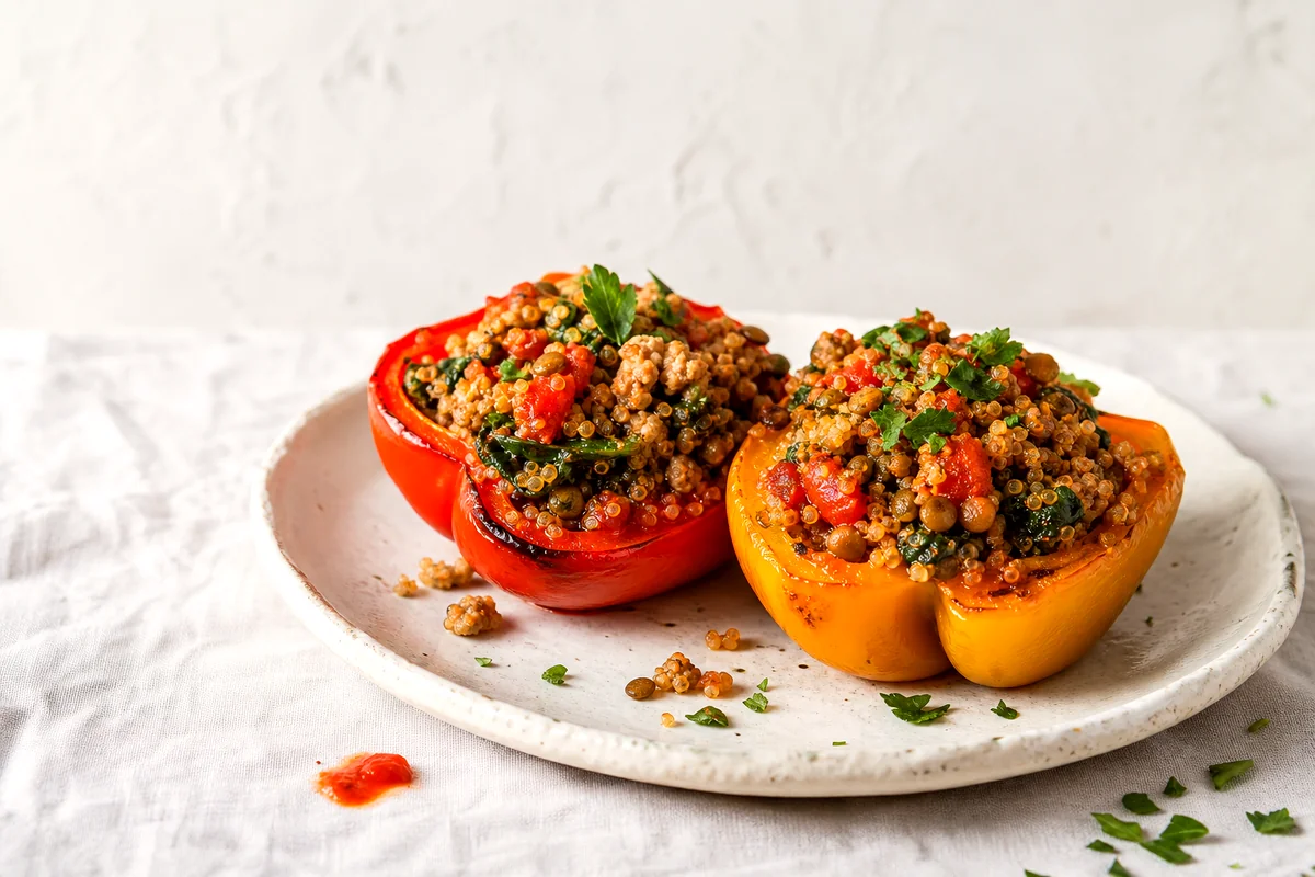 Roasted bell pepper halves filled with turkey, lentils, quinoa, tomatoes, spinach, and herbs on a white ceramic plate