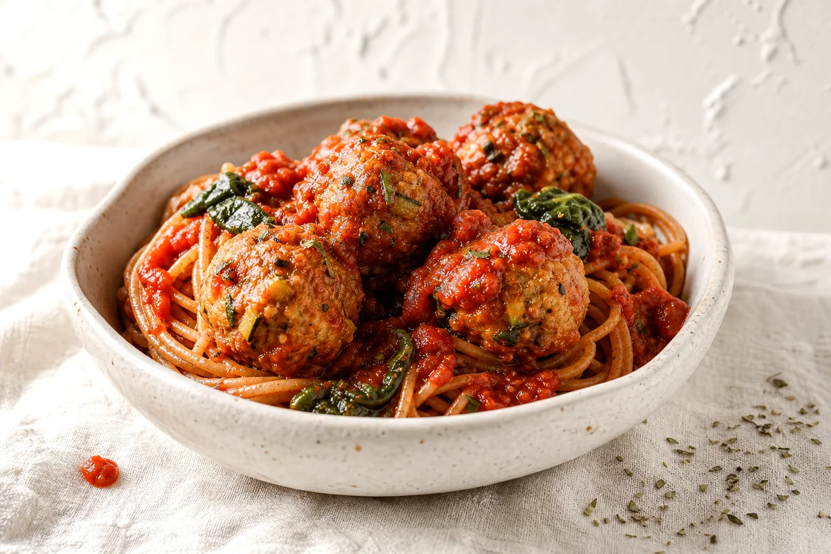 Turkey meatballs on whole wheat spaghetti with tomato spinach sauce in a white ceramic bowl