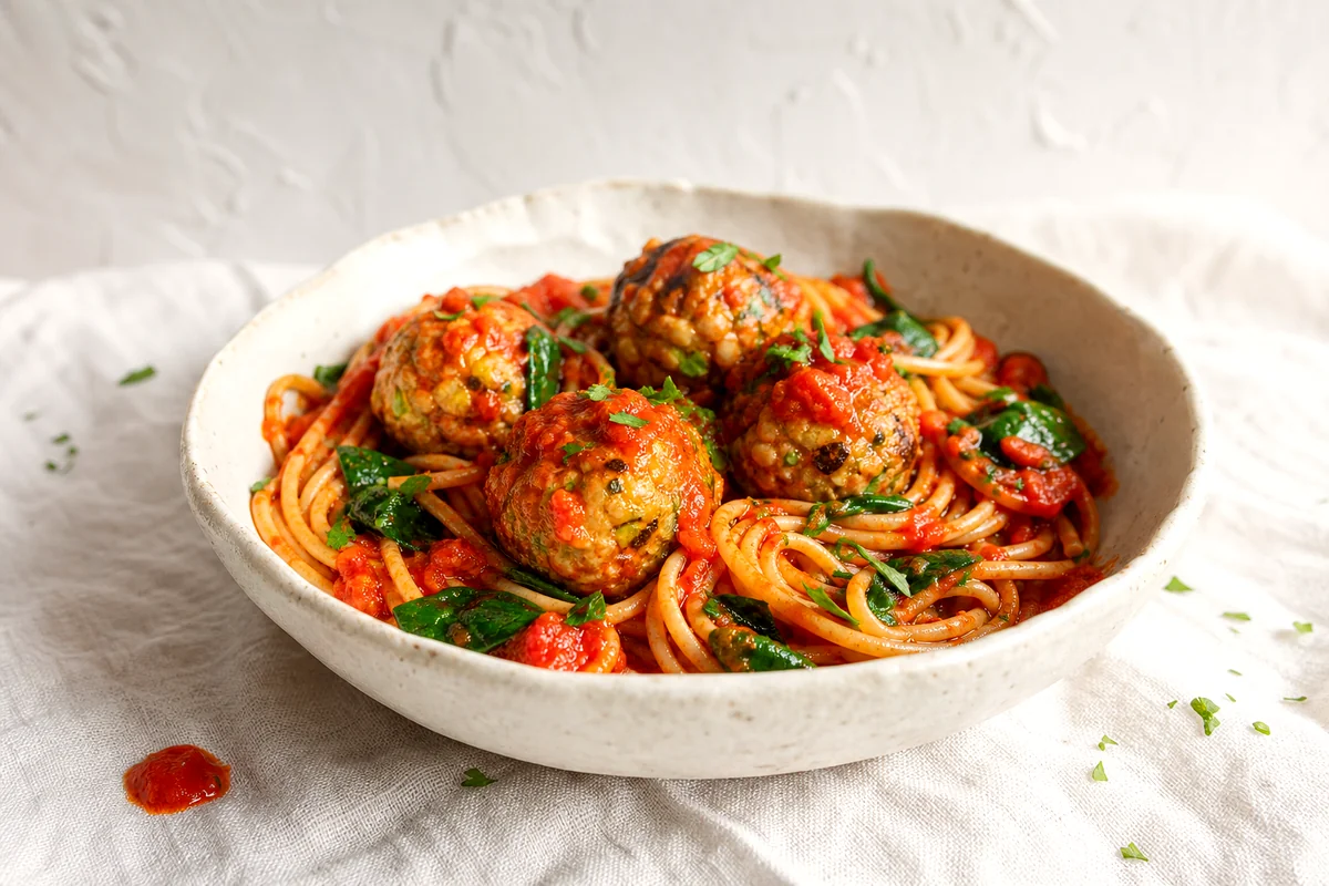 Turkey zucchini meatballs over whole wheat pasta with spinach and tomato sauce in a white ceramic bowl